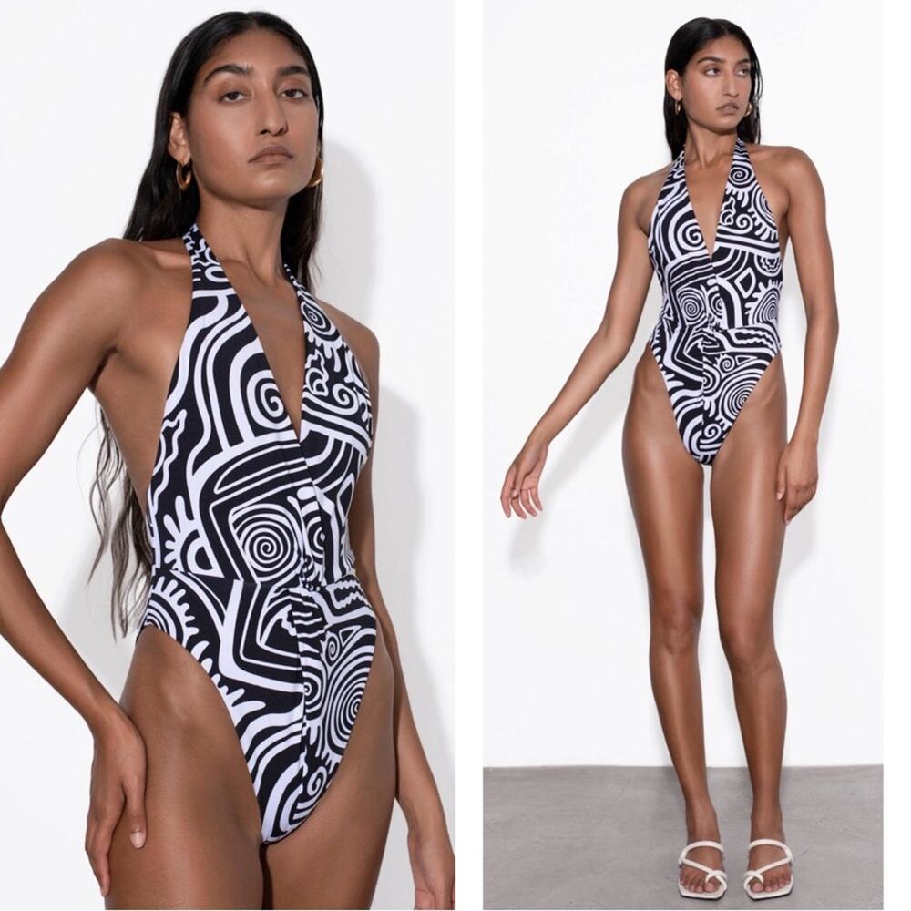 MARA HOFFMAN Gabriela Black and White Abstract One Piece Swimsuit Sz XL
